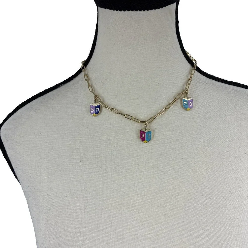 Sugarfix BaubleBar Hanukkah Dreidel Charm Necklace Gold Colorful New